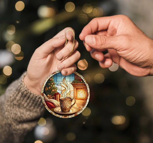 Coffee Illustration Stained Glass Style Ceramic Ornament