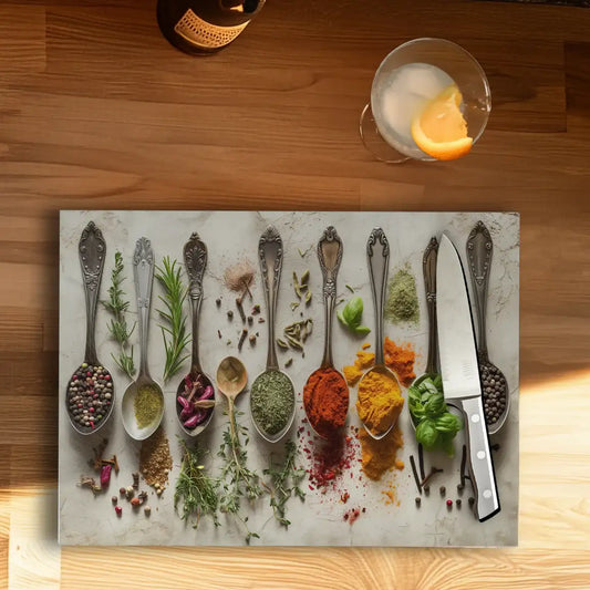 Spices Tempered Glass Kitchen Cutting & Serving Board