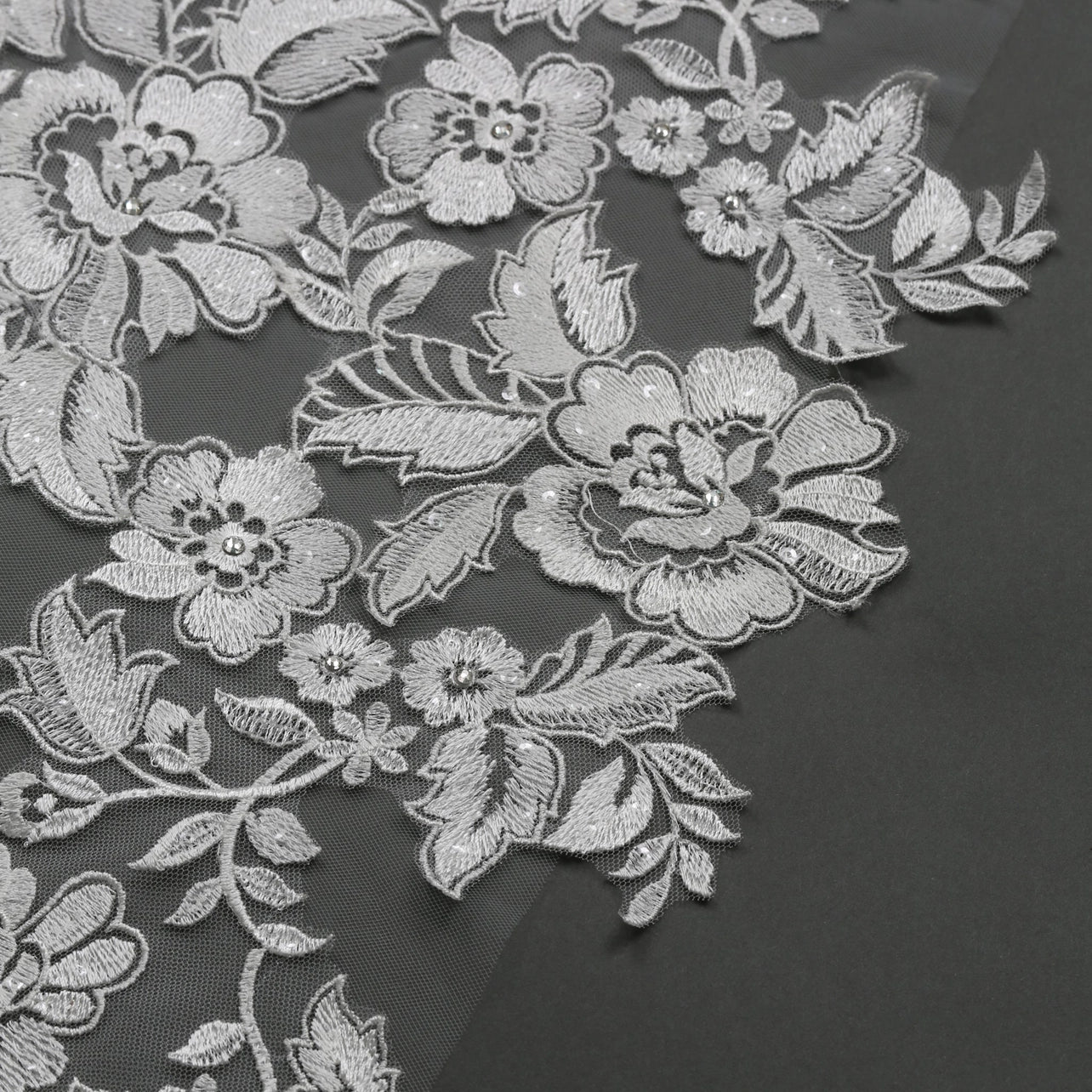 Floral Embroidered Lace Bridal Veil Rhinestones 120" X 90" - Ivory