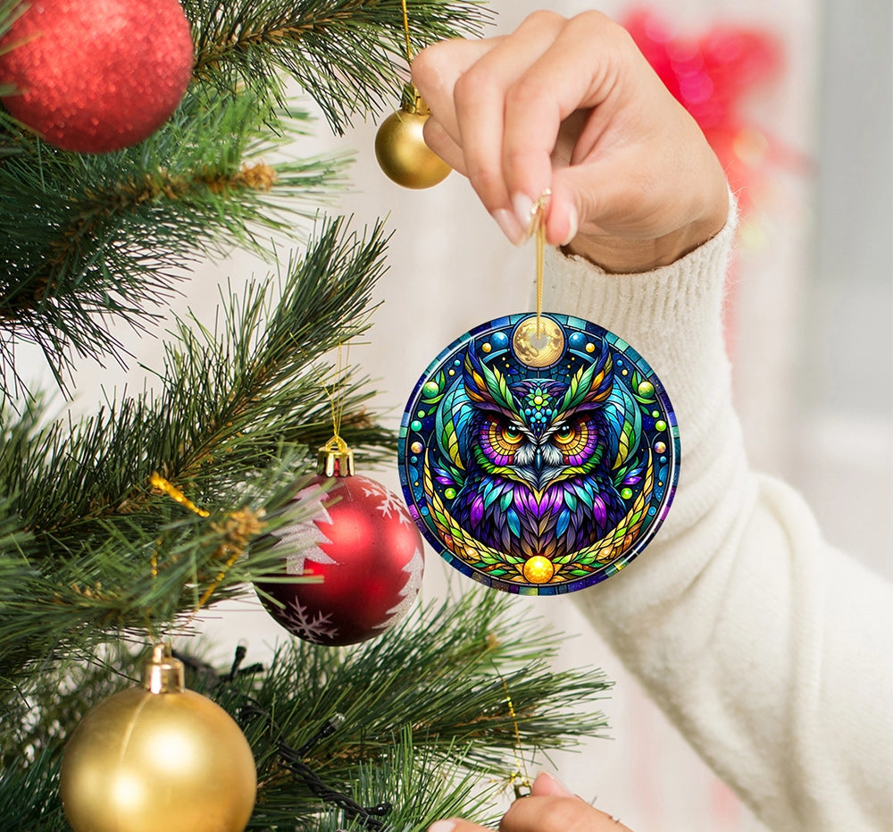Mysterious Owl Stained Glass Style Ceramic Ornament