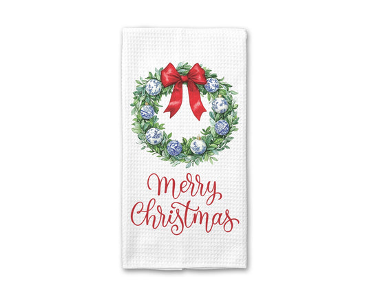 Blue Chinoiserie Christmas Tree Waffle Weave Tea Towel