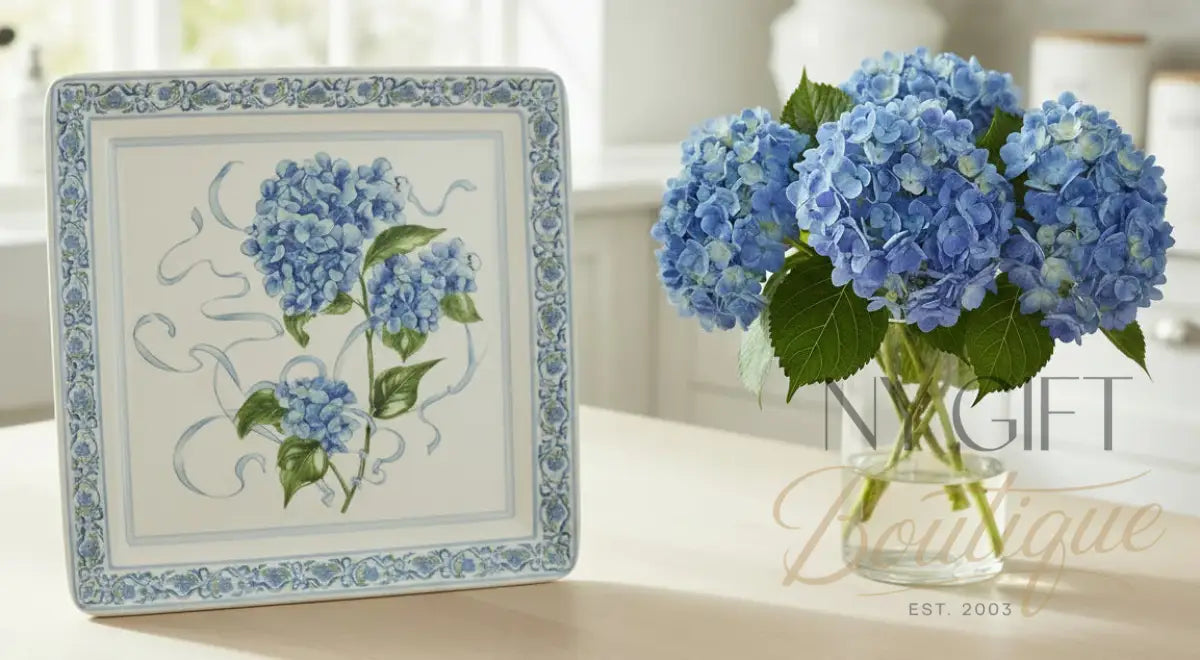 Decorative napkin with blue hydrangea flowers and floral border