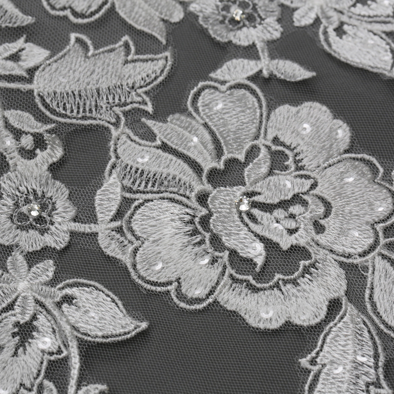 Floral Embroidered Lace Bridal Veil Rhinestones 120" X 90" - Ivory