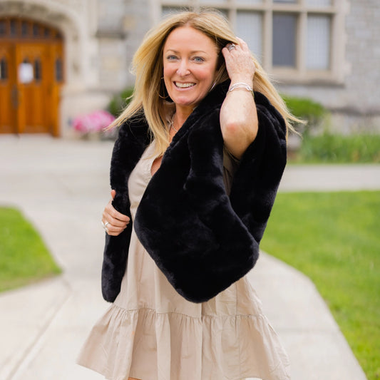 Black Faux Fur Collins Capelet- Waterproof Satin Lining