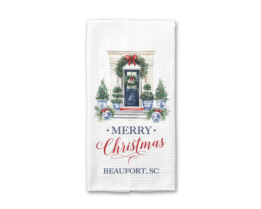 Custom Chinoiserie Christmas Tree Waffle Weave Tea Towel