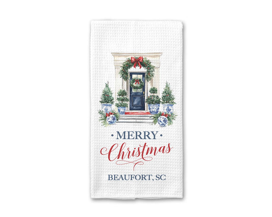 Custom Set of 2 City & State Chinoiserie Christmas Front Door KitchenTowel