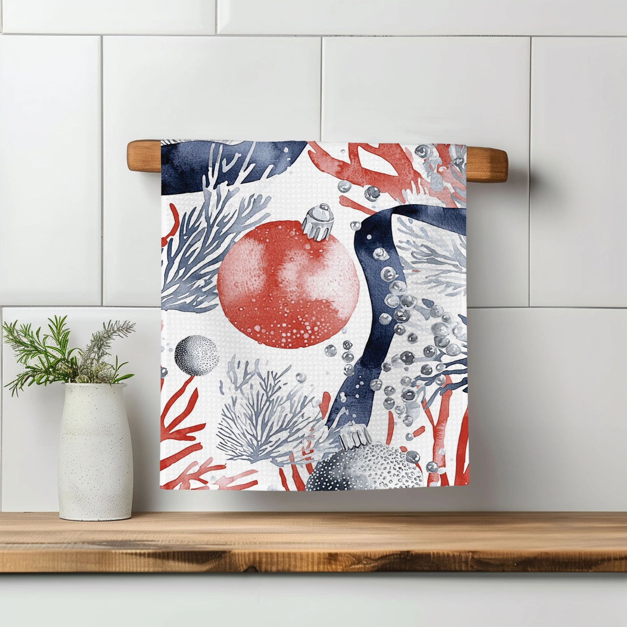 Christmas Nautical Coral Waffle Weave Tea Towel