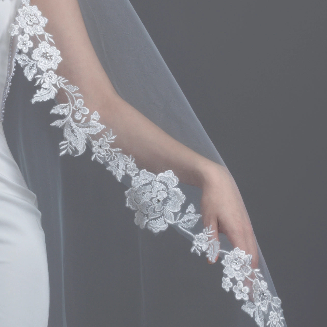 Floral Embroidered Lace Mantilla Veil 60" X 72" - Ivory