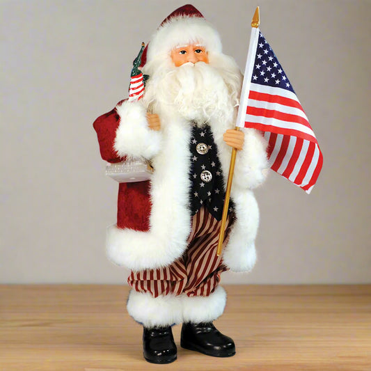 Traditional Santa Claus figure holding an American flag on a white background