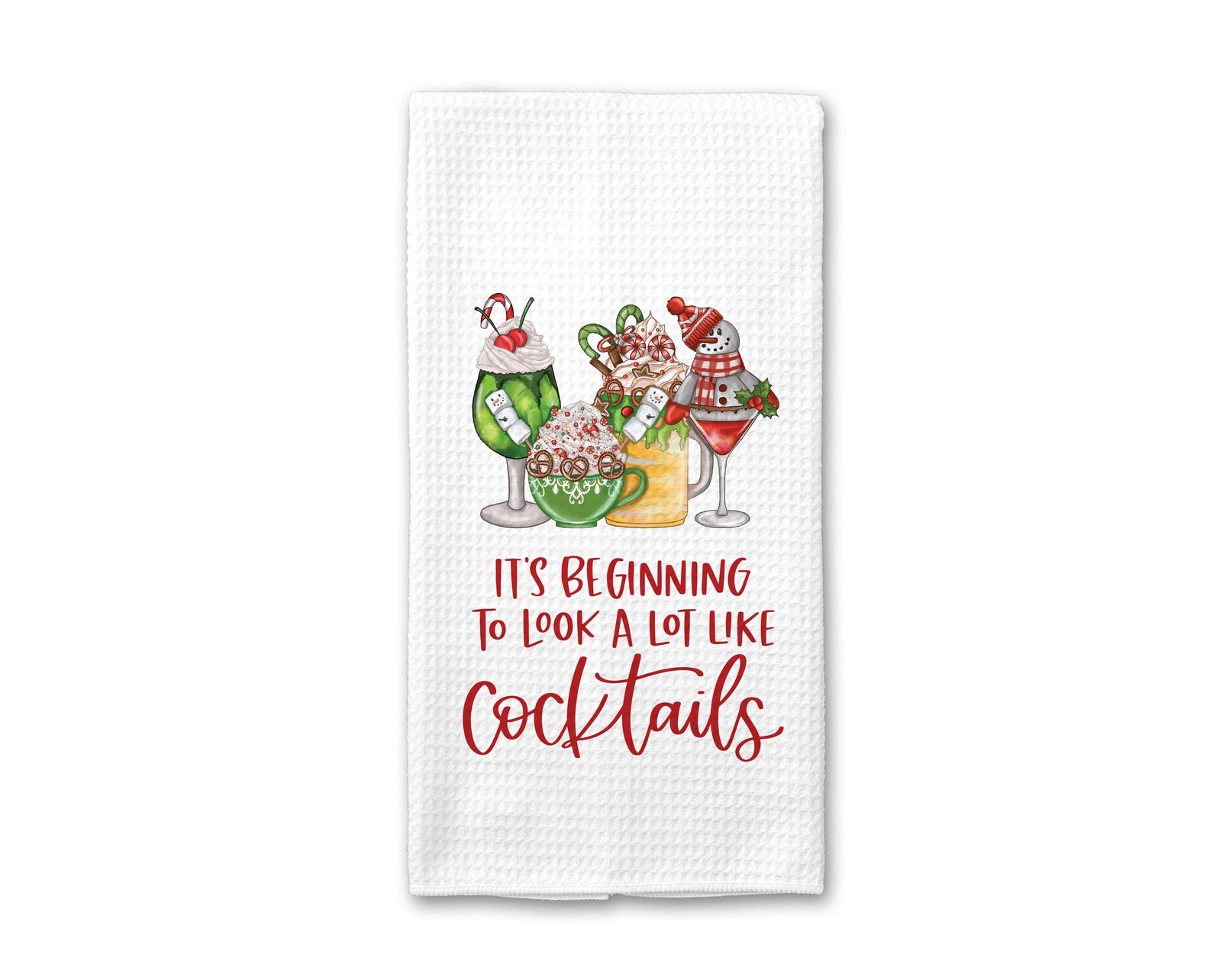 Decorative towel with Christmas-themed cocktails and text on a white background