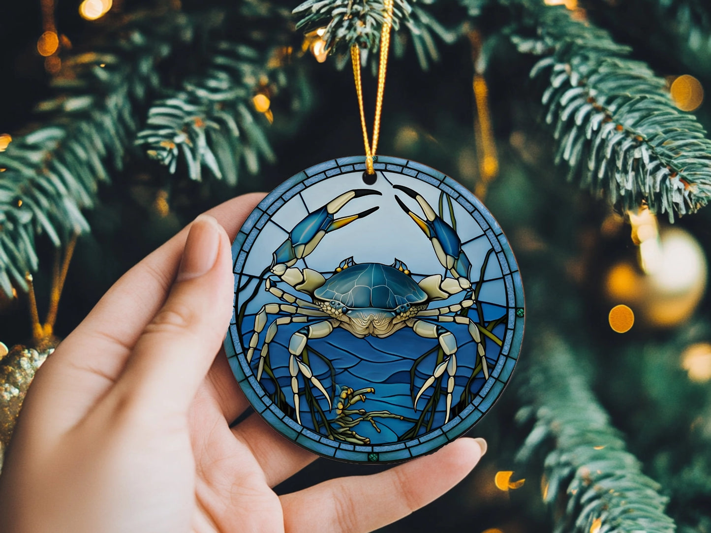 Blue Crab Stain Glass Effect Ceramic Disc Ornament