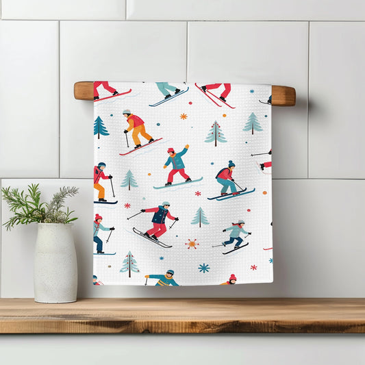 Skiing Mountain Ski Lodge Waffle Weave Tea Towel