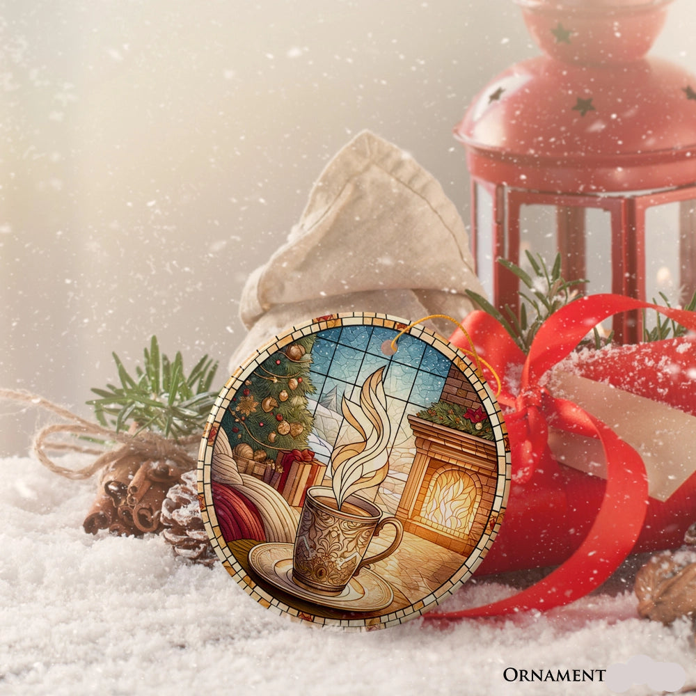 Coffee Illustration Stained Glass Style Ceramic Ornament