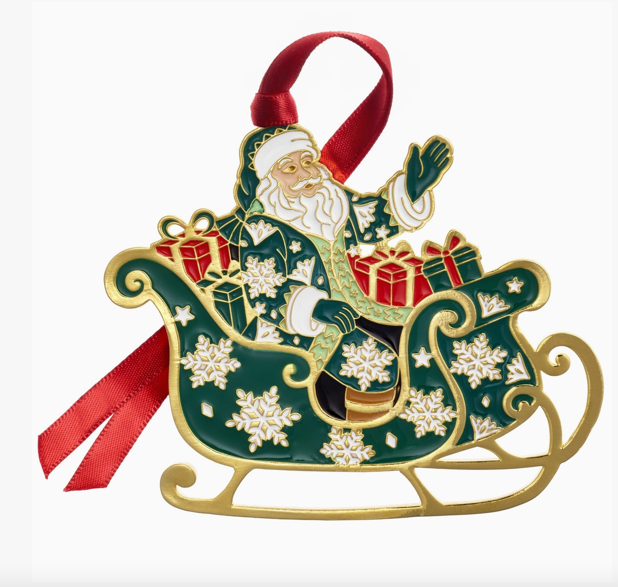 2026 Fitz and Floyd gold-plated and enameled Santa in Sleigh Christmas ornament with wrapped presents, snowflakes and red hanging ribbon.