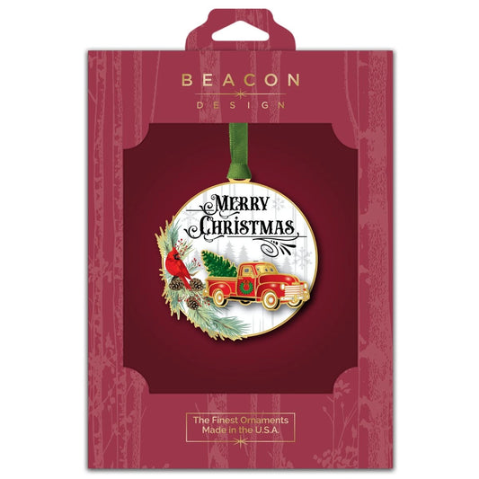 Merry Christmas Red Truck Brass Ornament