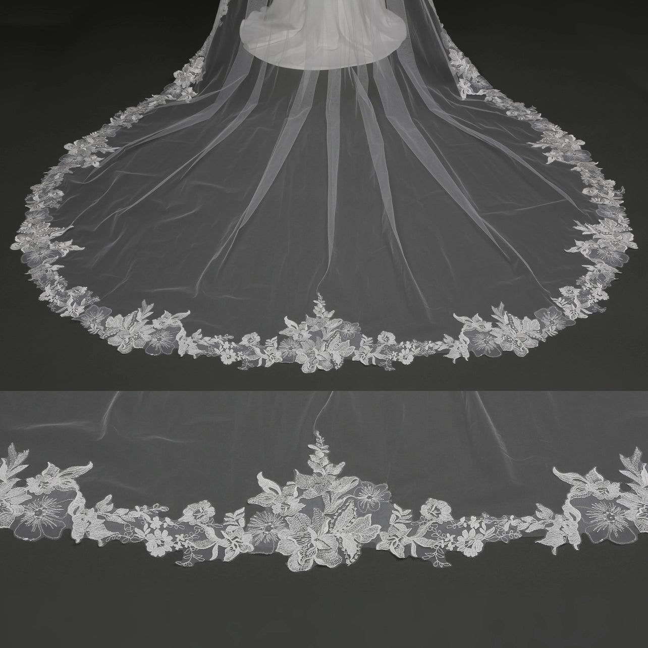 Veil with floral lace edge on a black background