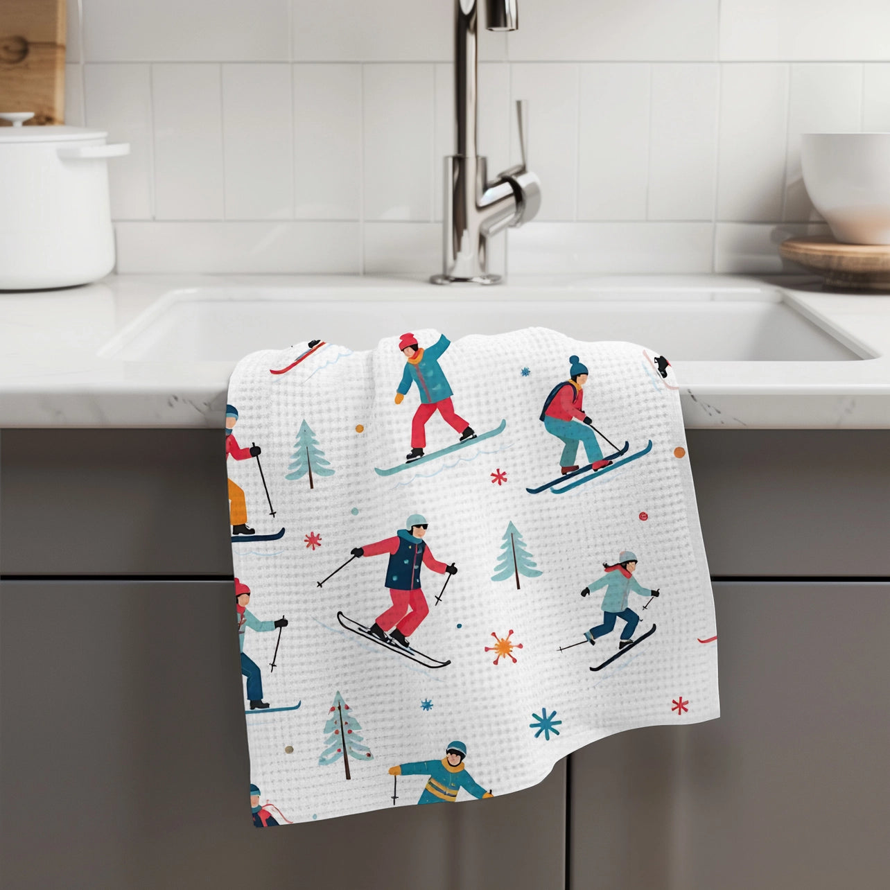 Skiing Mountain Ski Lodge Waffle Weave Tea Towel