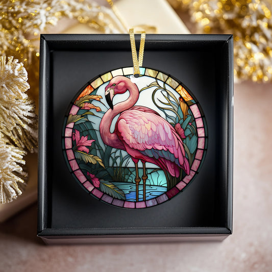 Flamingo Stain Glass Effect Ceramic Disc Ornament