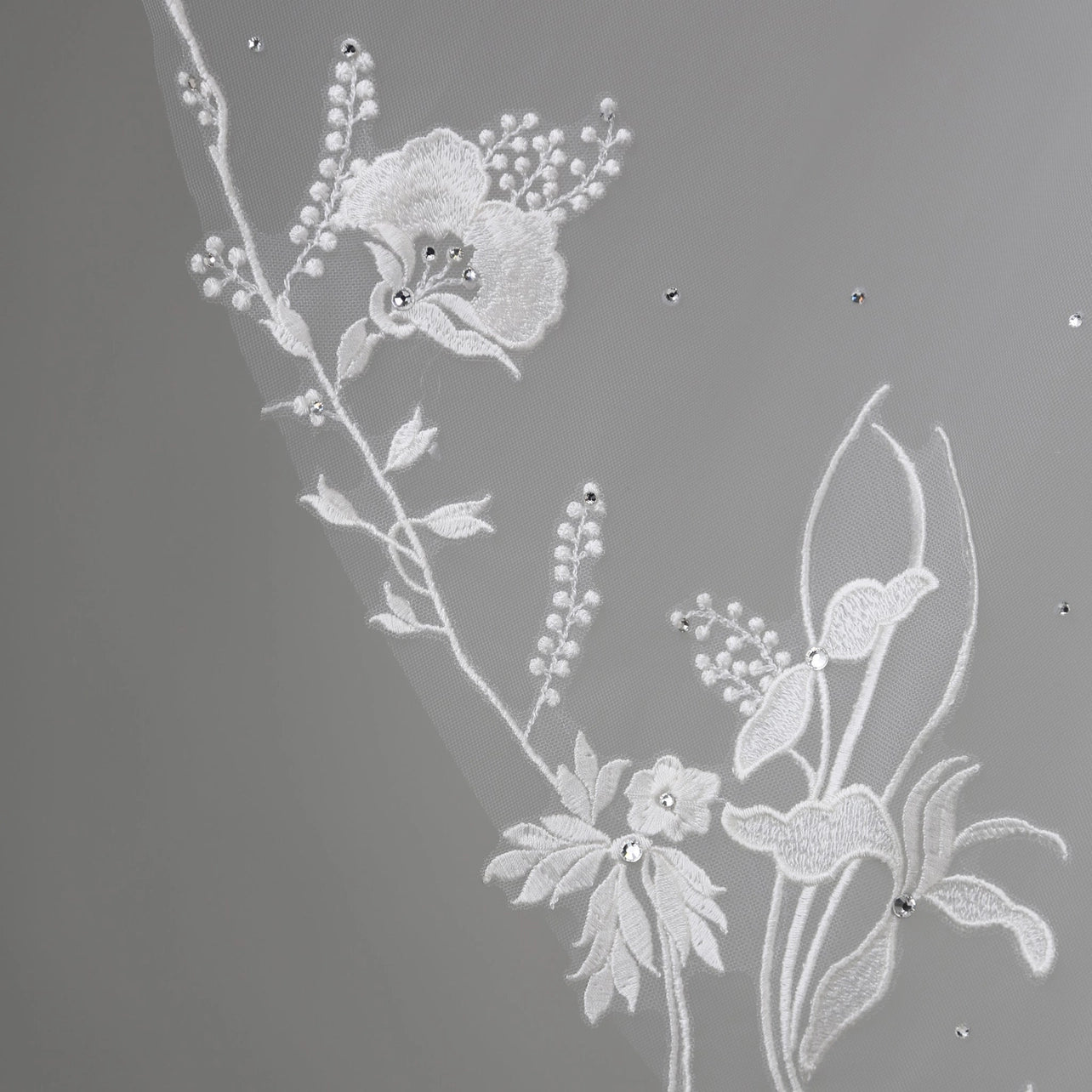 Floral Embroidered Lace Crystals Bridal Veil 54" X 60" - Ivory