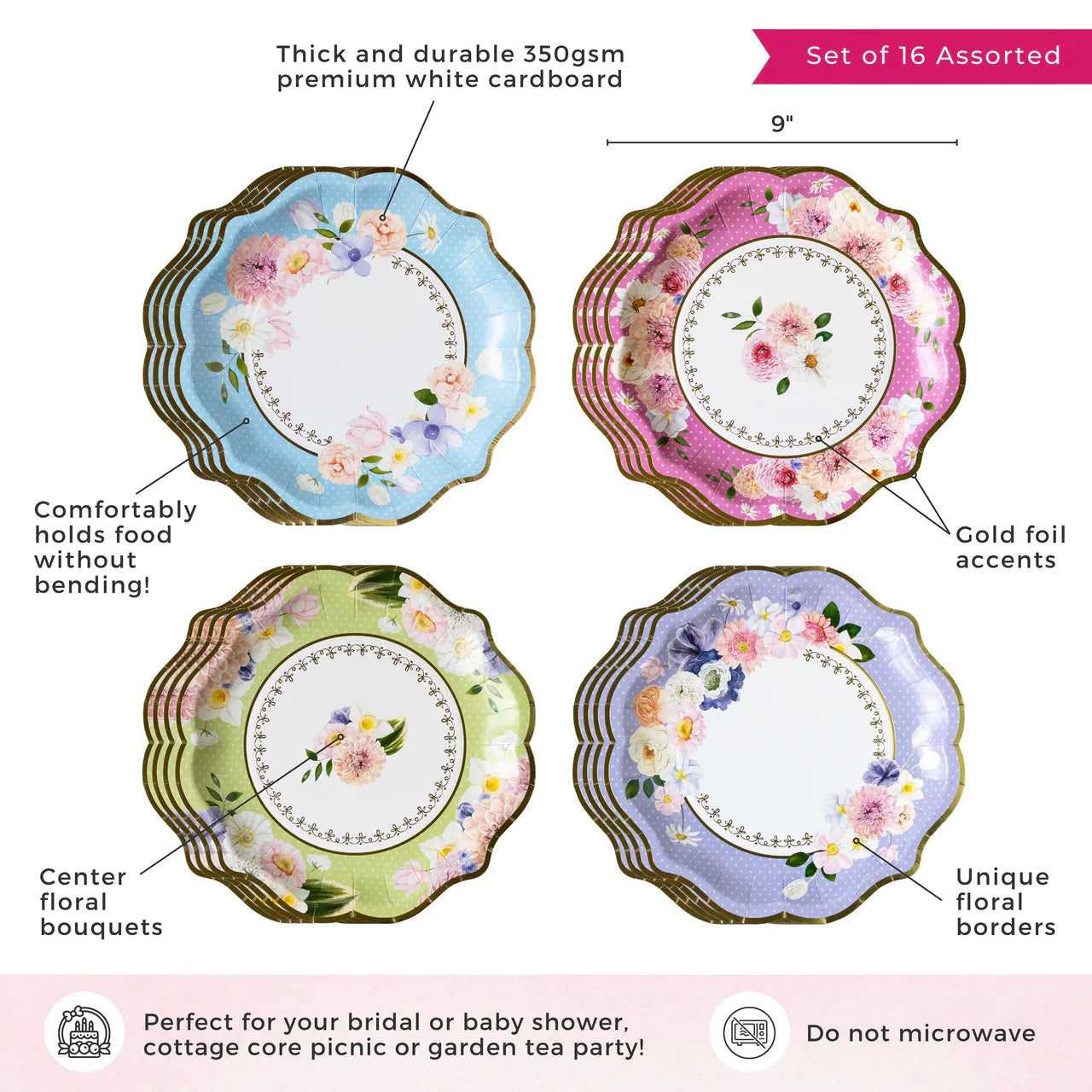 Tea Time Party 9" Premium Paper Plates - Assorted (Set of 16)