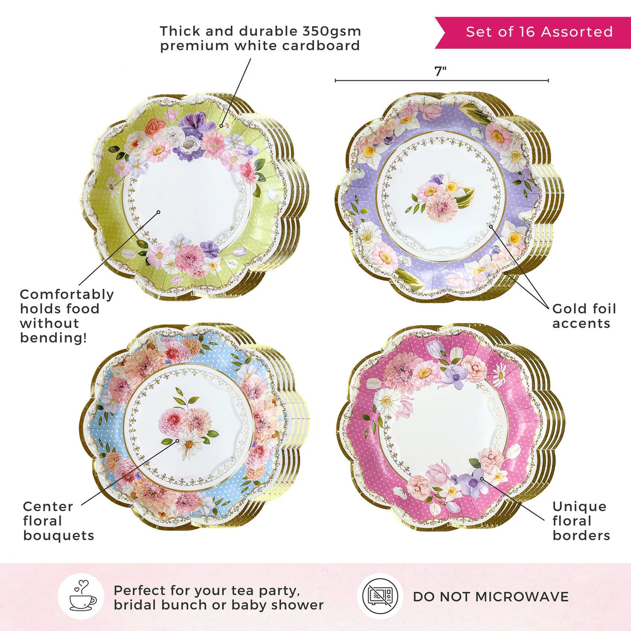 New Tea Time Party 7" Premium Paper Plates - Assorted (Set of 16)