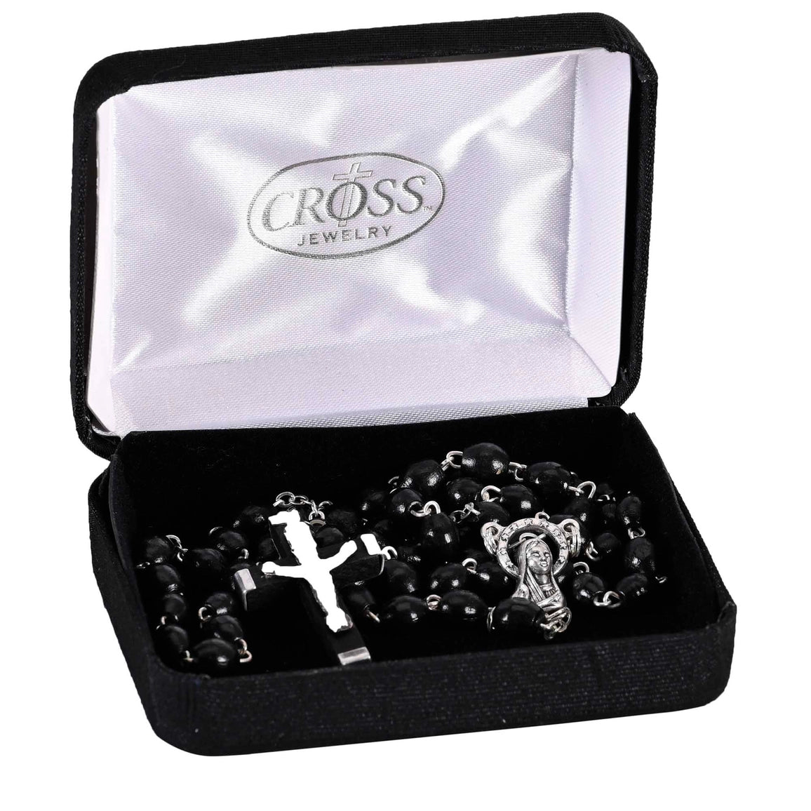 Rosary Silver Plate Black Wood Bead 18"L