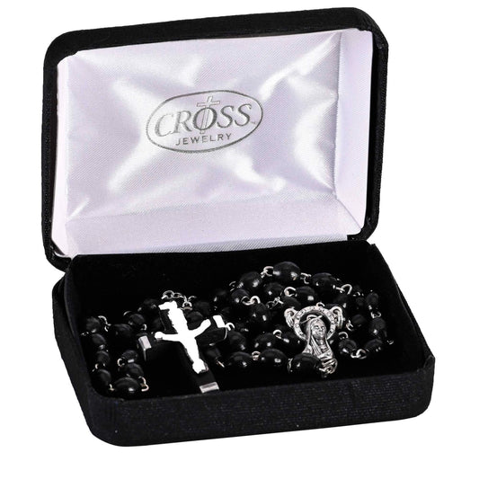 Rosary Silver Plate Black Wood Bead 18"L - NY Gift Boutique