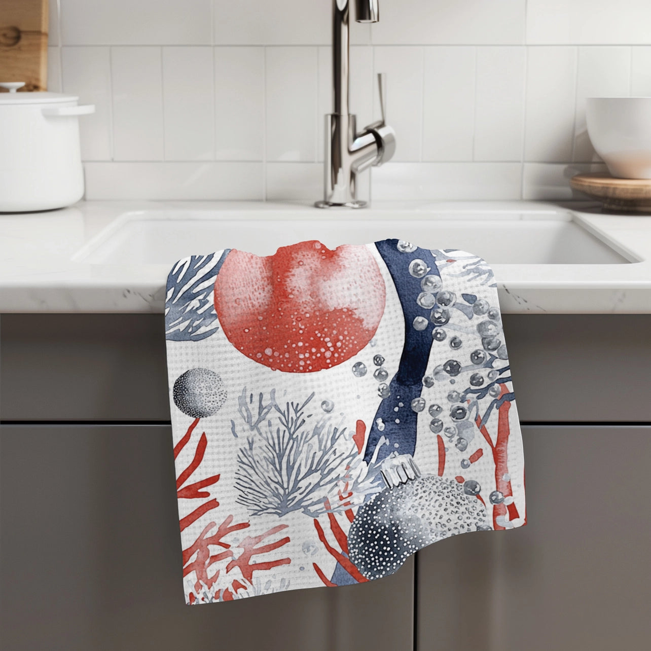 Christmas Nautical Coral Waffle Weave Tea Towel