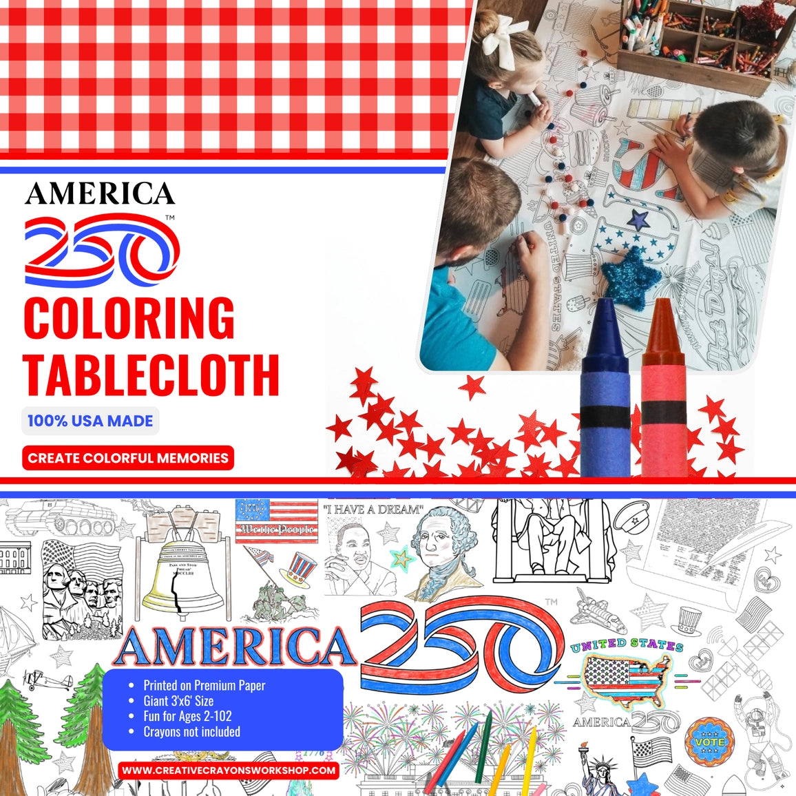 USA Patriotic America 250 Coloring Tablecloth - NY Gift Boutique