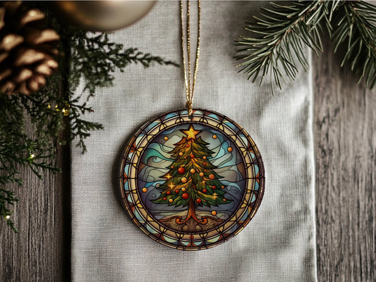 Stained Glass Effect Christmas Tree Ceramic Disc Ornament