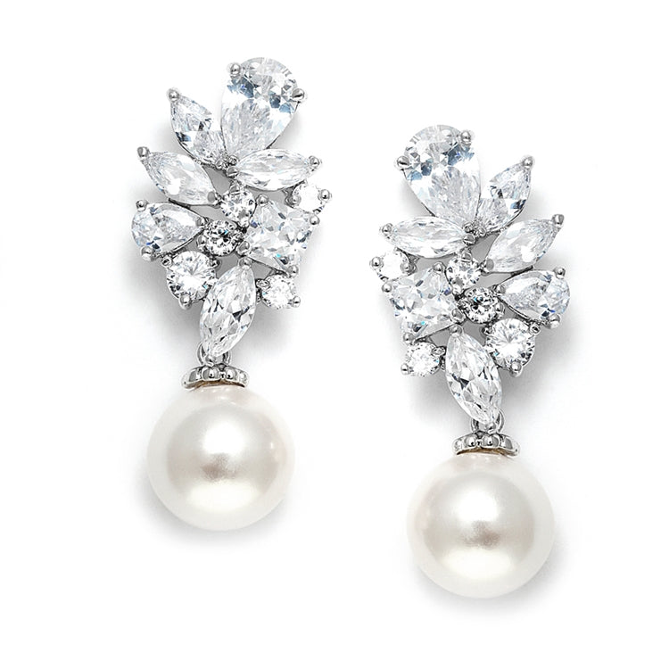 CZ Cluster Earrings Ivory Pearl Drops - Genuine Platinum Plated