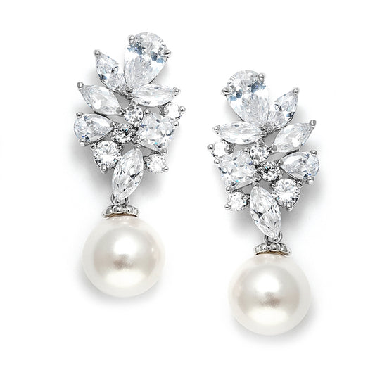 CZ Cluster Earrings Ivory Pearl Drops - Genuine Platinum Plated