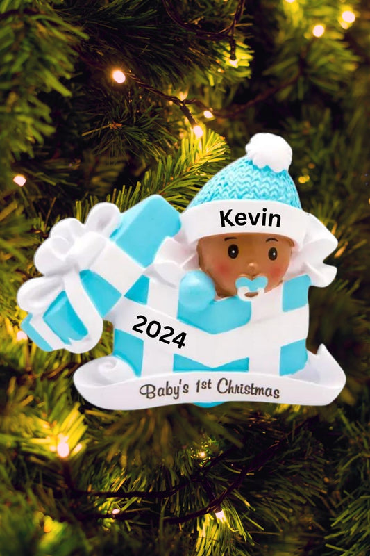 Dark Skin Baby in Present Personalized Ornament