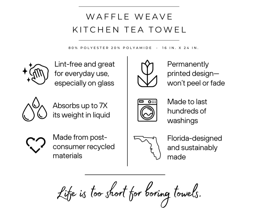 Waffle weave kitchen tea towel product description with features and branding on a white background.