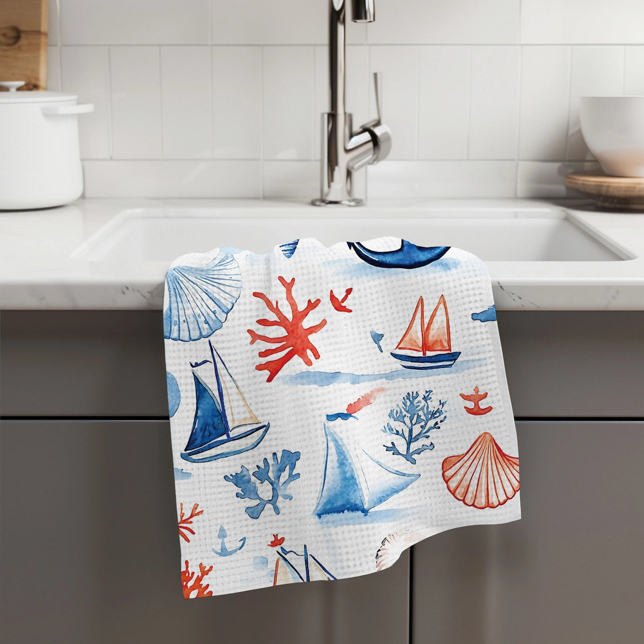 Coral Nautical Anchor Waffle Weave Tea Towel