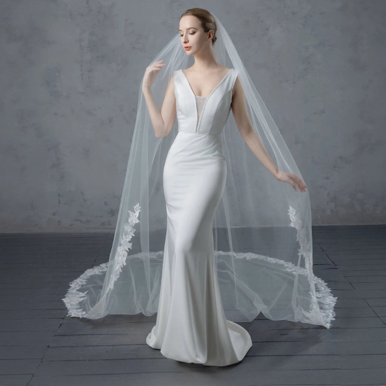 Floral Embroidered Lace Bridal Veil 120" X 90" - Ivory