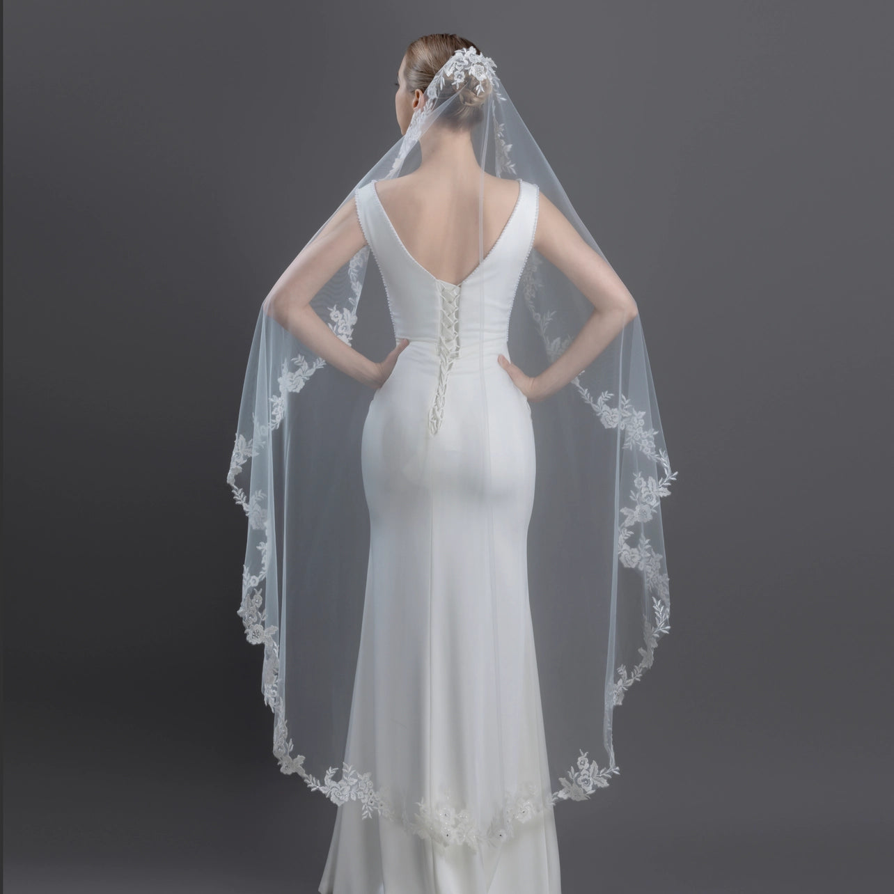 Floral Embroidered Lace Mantilla Bridal Veil 60" X 72" - Ivory