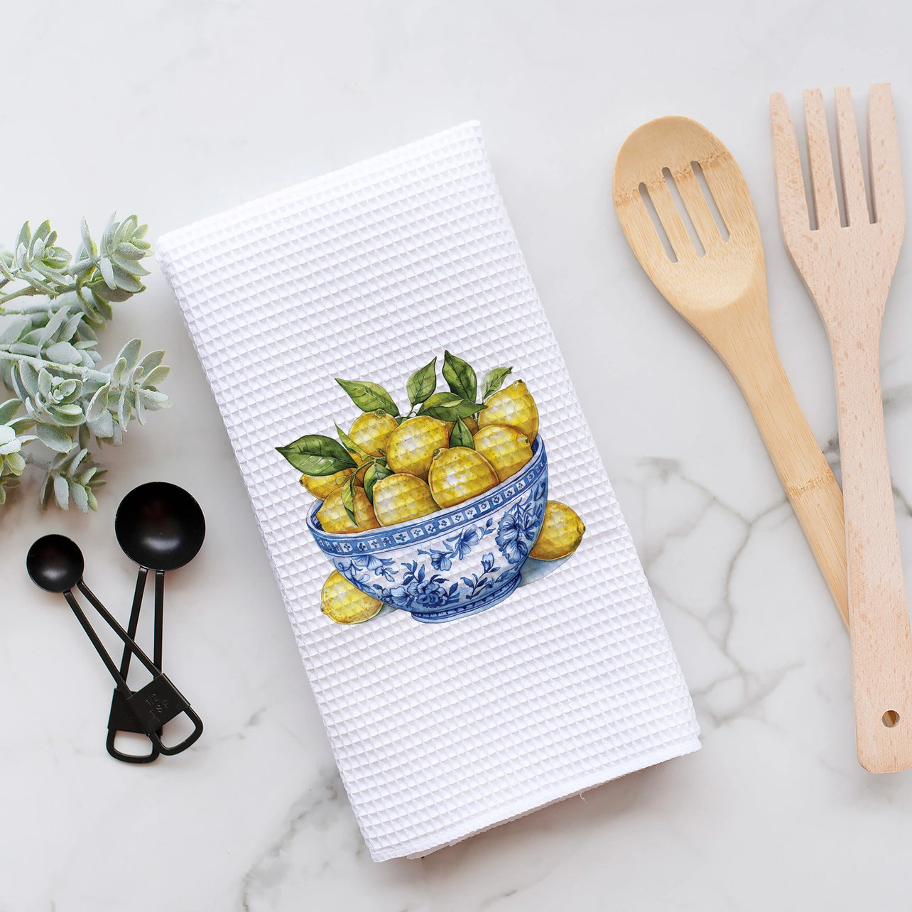 Chinoiserie Lemon Bowl Waffle Weave Tea Towel
