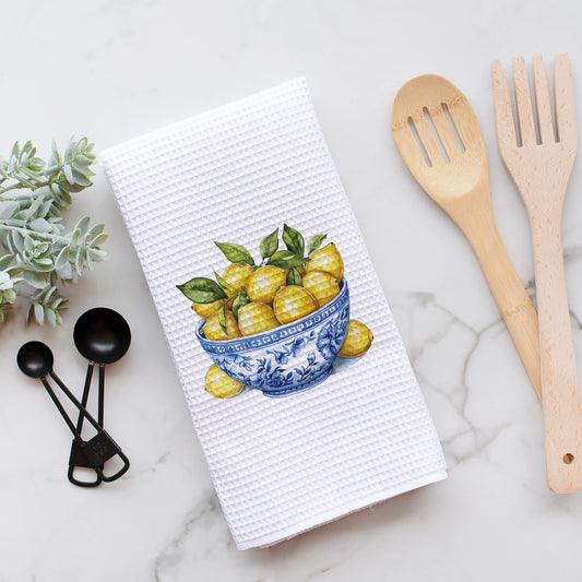 Chinoiserie Lemon Bowl Waffle Weave Tea Towel