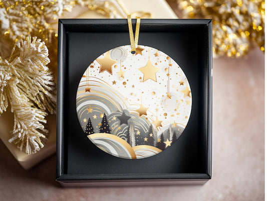 Gold and Grey Star Ceramic Disc Ornament