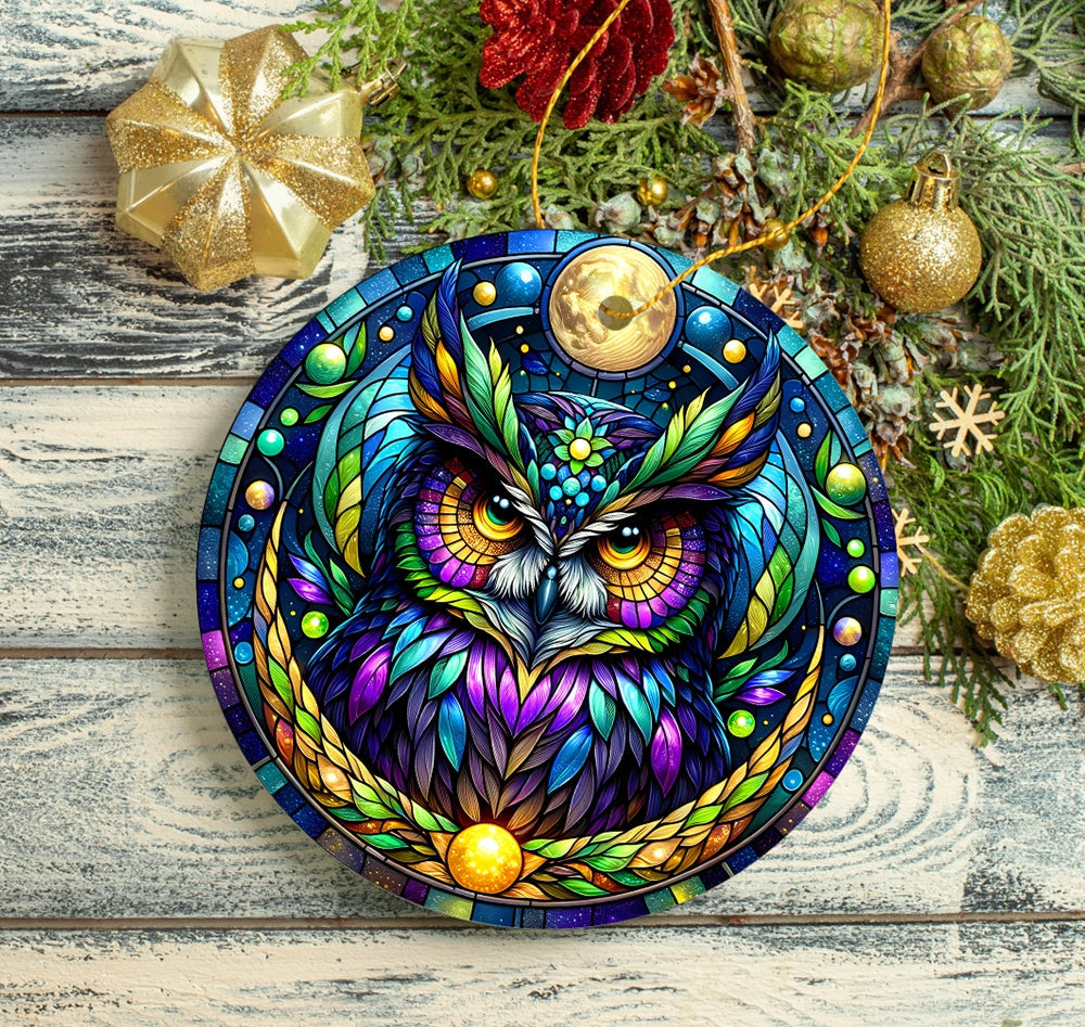 Mysterious Owl Stained Glass Style Ceramic Ornament