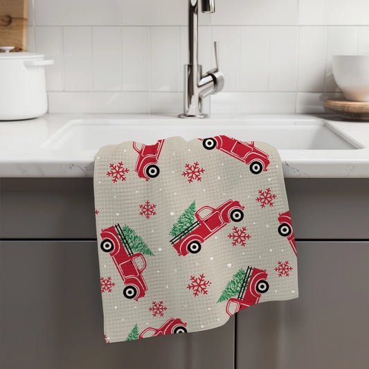 Christmas Red Truck Waffle Weave Tea Towel