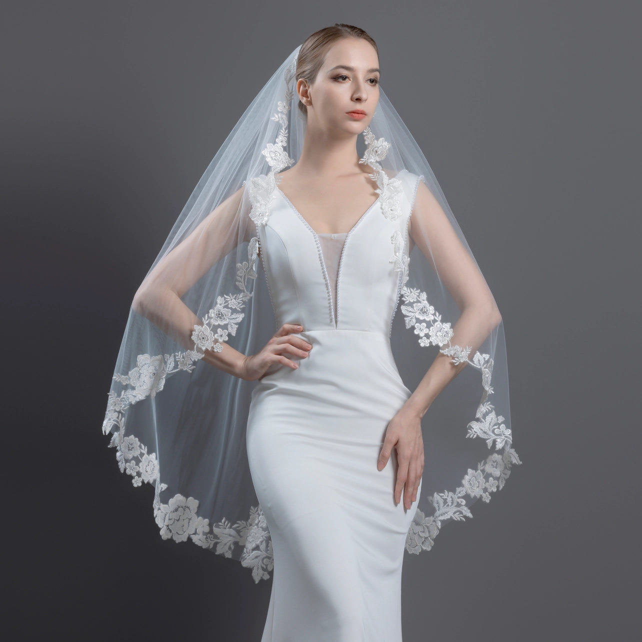 Floral Vine Embroidered Lace Bridal Veil 42" X 72"- Ivory