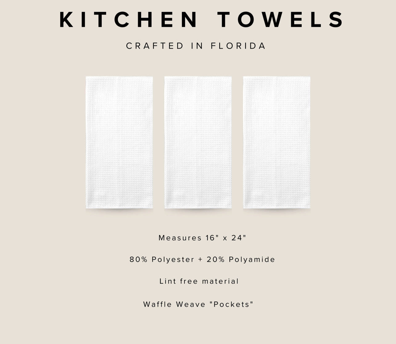 Three white kitchen towels with product details on a beige background