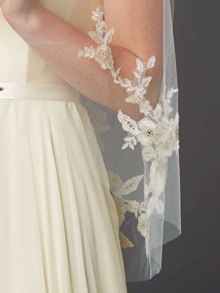 Gold and Silver Embroidered Floral Lace Fingertip Wedding Veil