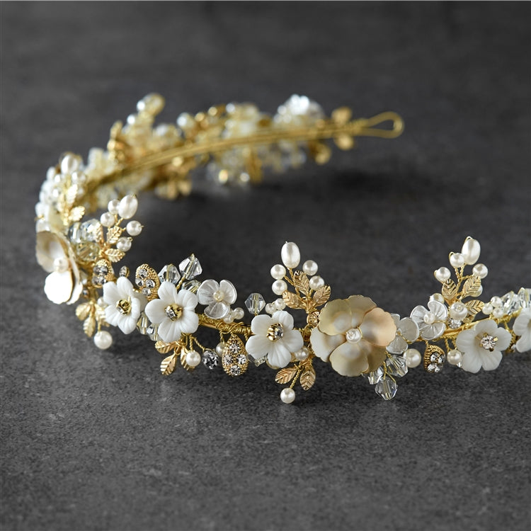 Gold Floral Tiara with Porcelain Flowers & Freshwater Pearls