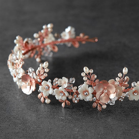 Rose Gold Floral Tiara with Porcelain Flowers & Freshwater Pearls