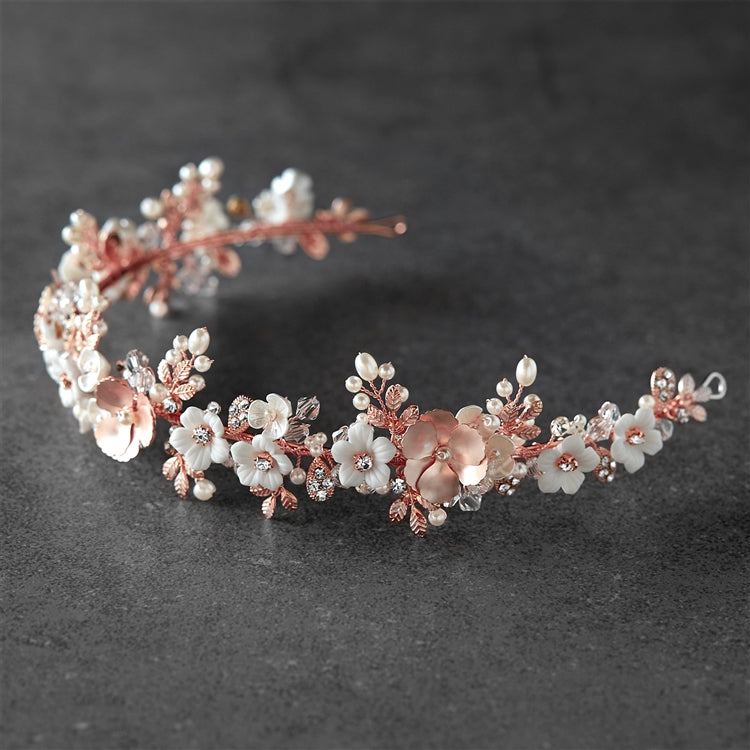 Rose Gold Floral Tiara with Porcelain Flowers & Freshwater Pearls - NY Gift Boutique