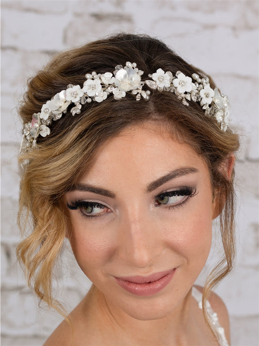 Silver Matte Floral Tiara Crown with Light Ivory Flowers & Freshwater Pearls - NY Gift Boutique