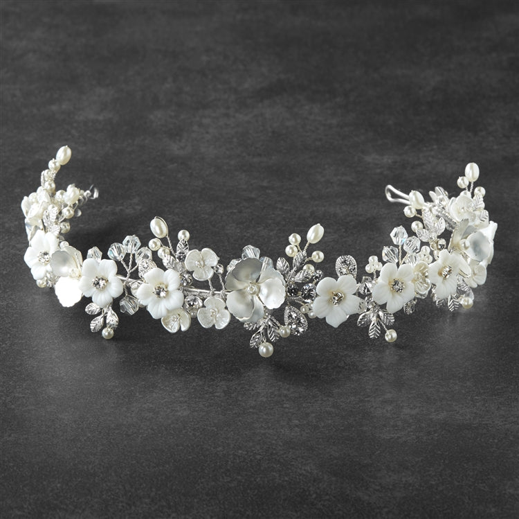 Silver Matte Floral Tiara Crown with Light Ivory Flowers & Freshwater Pearls - NY Gift Boutique